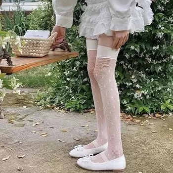 Женские чулки, сексуальные кружевные чулки в сеточку, высокие носки в горошек JK Sweet Girls, высокие носки до колена, чулки белый