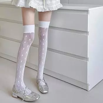 Женские чулки, сексуальные кружевные чулки в сеточку, высокие носки в горошек JK Sweet Girls, высокие носки до колена, чулки белый