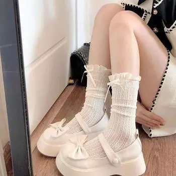 Женские чулки в японском стиле ретро, длинные носки с рюшами в стиле Лолиты, белые кружевные гольфы, милые чулки до бедра с бантом для девочек чёрный