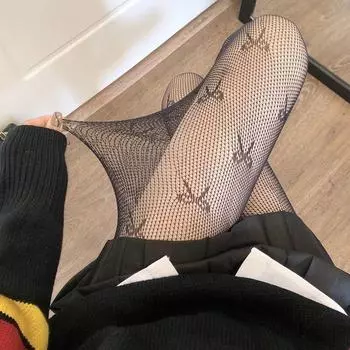 Женские чулки в сеточку с сексуальным бантом и татуировкой - леггинсы JK осень/зима One Size чёрный