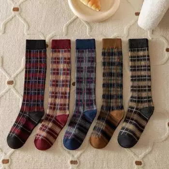 Женские чулки в стиле Харадзюку, винтажные клетчатые длинные носки в стиле ретро, чулки JK, школьные хлопковые гольфы для девочек, женские чулки бордовый