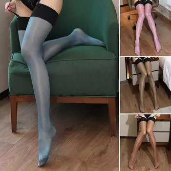 Женские чулки выше колена 30D блестящие сексуальные бедра контрастного цвета в стиле ретро белый