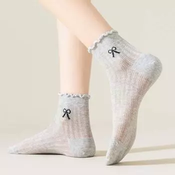 Женские чулочно-носочные изделия Женские сетчатые носки с бантом Тонкие хлопковые носки-лодочки Хлопковые носки с бантом для девочек/женщин