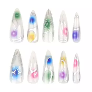 Женские цветные длинные заостренные накладные ногти для маникюра - серебристые накладные ногти с клеем 2 мл One Size