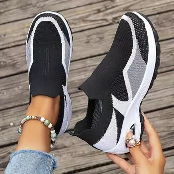 Женские цветные кроссовки на воздушной подушке с платформой, модные, летающие, тканые, легкие, дышащие, повседневные, нескользящие, удобные, кроссовки для бега 36 чёрный