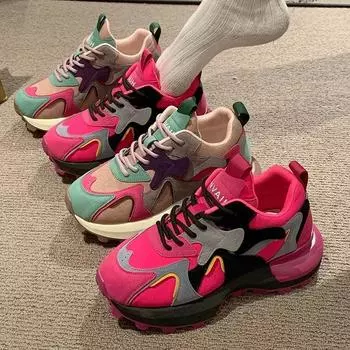 Женские цветные массивные кроссовки, вулканизированная обувь, женские кроссовки на платформе, шнуровка, толстая подошва, нескользящая, повседневная спортивная обувь 2024 35 розы красного