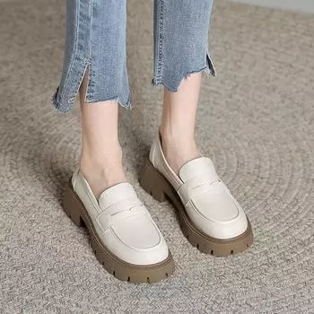 Женские цветные мокасины на толстой подошве в британском стиле: Туфли на платформе из мягкой кожи в стиле ретро абрикосовый