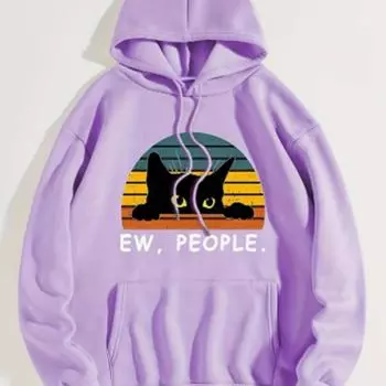 Женские цветные полосатые кошачьи принты свободные толстовки с капюшоном блузка свитшот повседневные длинные рукава пуловеры топы XS чёрный