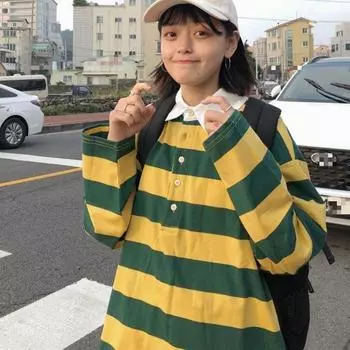 Женские цветные полосатые лоскутные толстовки с длинным рукавом, футболка с отложным воротником, футболки на пуговицах с длинными рукавами, повседневный топ M розовый