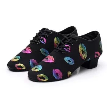 Женские цветные туфли для танцев из ткани Оксфорд с цветным принтом губ на низком каблуке для латинских танцев, тренировочные туфли для танца живота 34 чёрный