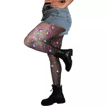 Женские цветные высокоэластичные сетчатые чулки Lolita Thongs Горячие чулки с бриллиантами в сетку Блестящие колготки Hipster Ladies Medias One Size чёрный