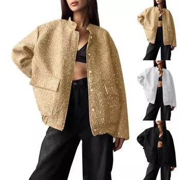 Женские деловые повседневные блестящие рабочие куртки с открытым передом и длинным рукавом, осенний наряд L чёрный