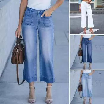 Женские девятые джинсы, прямые, с высокой талией, однотонные, на пуговицах, с карманами на молнии, с широкими штанинами, эластичные, для поездок на работу M темно-синий