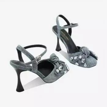 Женские дизайнерские босоножки Новые синие джинсовые туфли на высоком каблуке Летние стильные босоножки на платформе с открытой пяткой Элегантные женские туфли с бантом для свиданий 35 темно-синий