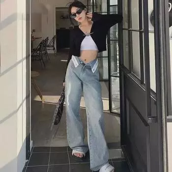 Женские дизайнерские джинсы с высокой талией и манжетами: Узкие, прямые, широкие брюки на осень/зиму 2023 г. 2XL синий