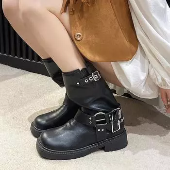 Женские дизайнерские короткие кожаные ботинки Rivet на толстой подошве, низкие каблуки, черные, с пряжкой, в стиле панк 35