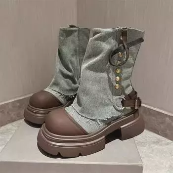 Женские дизайнерские ковбойские сапоги на платформе осень/зима 2024 года — корейский стиль «голова куклы», короткие сапоги-сигареты 35 чёрный