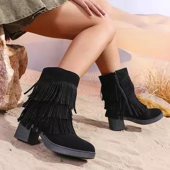 Женские дизайнерские ковбойские сапоги с кисточками, модные толстые каблуки с молнией сбоку, женские ботильоны из искусственной замши в стиле ретро, вестерн-ботасы Mujer 35