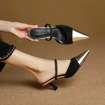 Женские дизайнерские полусандалии на высоком каблуке, женские летние 2024 года, туфли-лодочки с острым носком и ремешками на щиколотке, женские туфли на шпильке с ремешком для вечеринок 35 чёрный