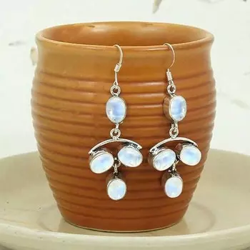 Женские дизайнерские серьги с лунным камнем, серьги с подвесками, подарок для нее, серьги ручной работы, серебро 925 пробы