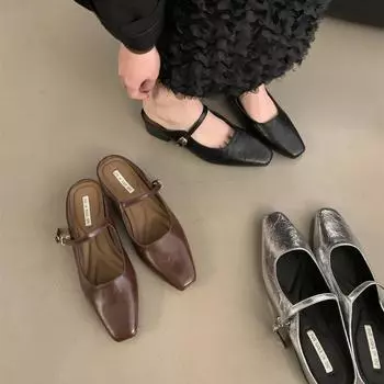 Женские дизайнерские серебряные полутапочки Мэри Джейн, сандалии с острым носком, новинка 2024 года, шлепанцы, летние повседневные модельные шлепанцы, туфли на плоской подошве, шлепанцы 35 чёрный