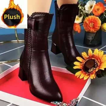 Женские дизайнерские зимние сапоги на молнии до щиколотки, зимняя обувь на высоком каблуке 35 темно-коричневого