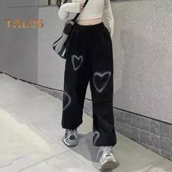 Женские длинные брюки, эластичные брюки с высокой талией, широкие брюки с принтом в виде сердца, повседневные спортивные штаны в уличном стиле S чёрный