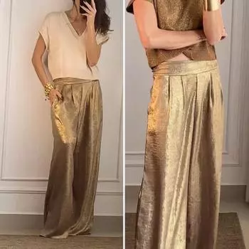 Женские длинные брюки, эластичные повседневные брюки с высокой талией, однотонные широкие брюки цвета металлик, брюки для офиса и вечеринки, рабочие брюки для отдыха XXL светло-синий