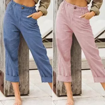 Женские длинные брюки, эластичные повседневные брюки с высокой талией и пуговицами на молнии, однотонные свободные брюки прямого кроя с карманами XL чёрный