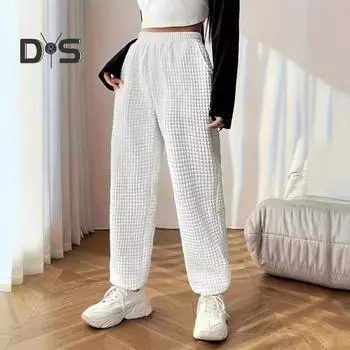 Женские длинные брюки, эластичные, с высокой талией, прямые, широкие, повседневные брюки с карманами, однотонные, с вафельной текстурой, спортивные брюки M белый