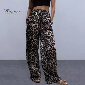 Женские длинные брюки, эластичные широкие брюки с высокой талией и карманами, повседневные брюки в уличном стиле с леопардовым принтом L Leopard Print