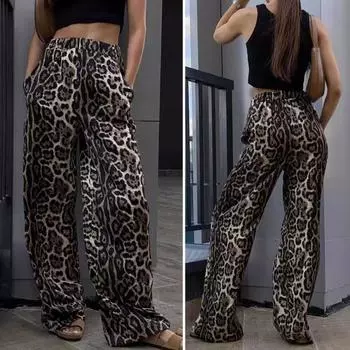 Женские длинные брюки, эластичные широкие брюки с высокой талией и карманами, повседневные брюки в уличном стиле с леопардовым принтом L Leopard Print