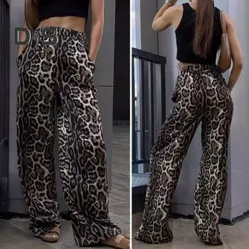 Женские длинные брюки, эластичные широкие брюки с высокой талией и карманами, повседневные брюки в уличном стиле с леопардовым принтом L Leopard Print