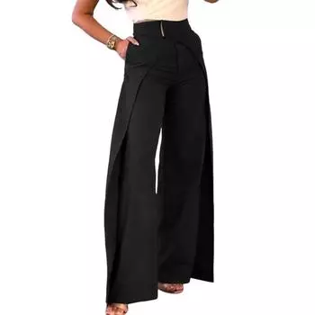 Женские длинные брюки Cross Design с высокой талией, повседневные брюки с карманами, однотонные, прямые, широкие M чёрный