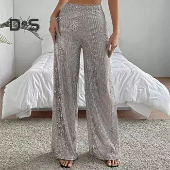 Женские длинные брюки для ночного клуба, блестящие прямые широкие брюки с высокой талией и эластичной резинкой на талии, свободные однотонные брюки L золотой/розовый