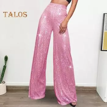 Женские длинные брюки для ночного клуба, блестящие прямые широкие брюки с высокой талией и эластичной резинкой на талии, свободные однотонные брюки L розовый/золотой