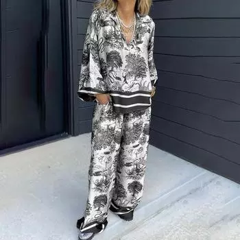 Женские длинные брюки Fashionista с V-образным вырезом и принтом, с длинным рукавом и карманом, повседневный женский повседневный костюм 5XL чёрный