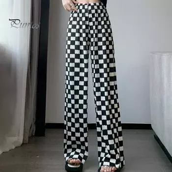 Женские длинные брюки из ледяного шелка, эластичные широкие брюки с высокой талией, тонкие повседневные брюки из ледяного шелка с принтом тай-дай, уличная одежда M чёрный