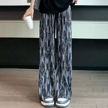 Женские длинные брюки из ледяного шелка, эластичные широкие брюки с высокой талией и принтом тай-дай M чёрный