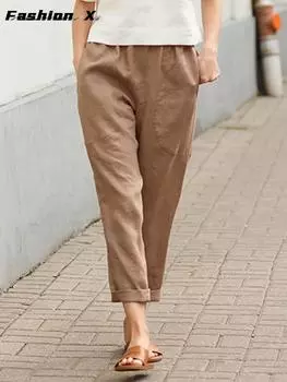 Женские длинные брюки, летние тонкие однотонные брюки с двумя карманами, свободные брюки, женские хлопковые льняные брюки L синий