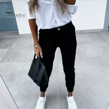 Женские длинные брюки на пуговицах на молнии, однотонные брюки с карманами, однотонные повседневные брюки в повседневном стиле L чёрный