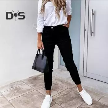 Женские длинные брюки на пуговицах на молнии, однотонные брюки с карманами, однотонные повседневные брюки в повседневном стиле L чёрный