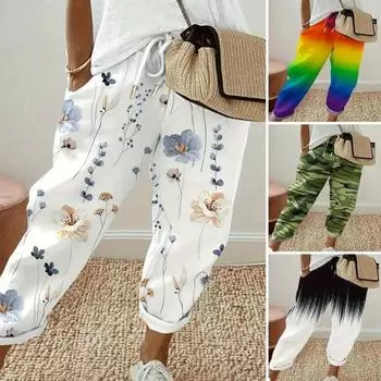 Женские длинные брюки прямого кроя с эластичной резинкой на талии и карманами на шнурке, камуфляжные спортивные брюки с радужным цветочным принтом, уличная одежда XL