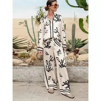 Женские длинные брюки с принтом, комплекты из 2 предметов, рубашка с длинным рукавом и лацканами, широкие брюки, комплекты из 2 предметов, большой размер, китайский стиль, 2024, новая мода S