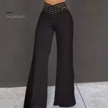 Женские длинные брюки с широким поясом и высокой талией, однотонные широкие брюки, офисные женские брюки L белый