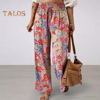 Женские длинные брюки с высокой талией, эластичная талия, регулируемый галстук, широкие повседневные брюки, брюки для отдыха с цветочным принтом, уличная одежда XL красный
