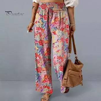 Женские длинные брюки с высокой талией, эластичная талия, регулируемый галстук, широкие повседневные брюки, брюки для отдыха с цветочным принтом, уличная одежда XL красный