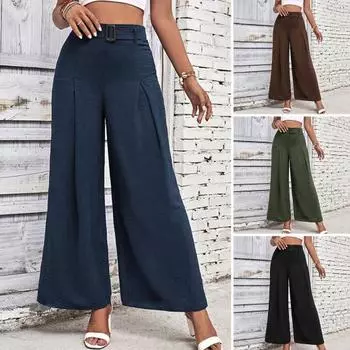 Женские длинные брюки с высокой талией и широкими штанинами, струящиеся брюки с регулируемой пряжкой, сплошной цвет, повседневная работа S чёрный