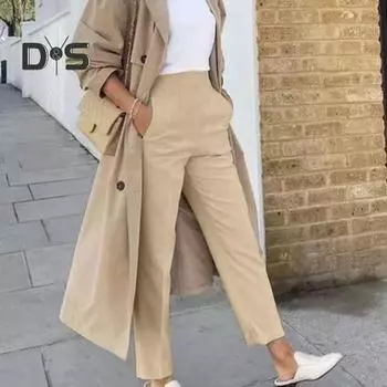 Женские длинные брюки с высокой талией и молнией на пуговицах, однотонные брюки с карманами, однотонные брюки в повседневном стиле M хаки
