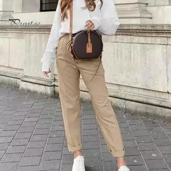 Женские длинные брюки с высокой талией и молнией на пуговицах, однотонные брюки с карманами, однотонные брюки в повседневном стиле M хаки